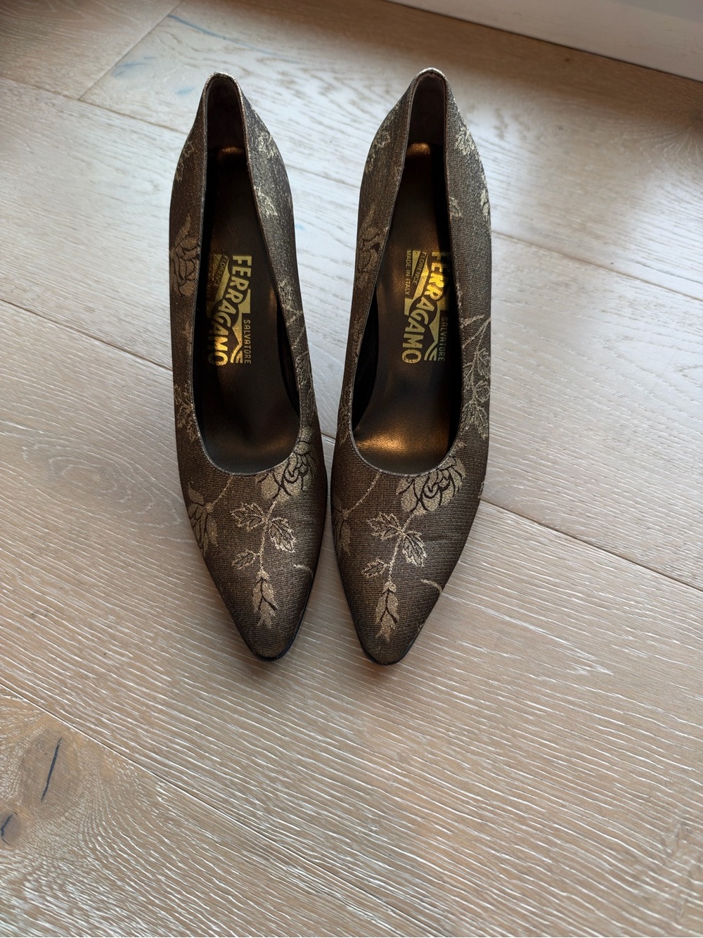 Salvatore Ferragamo Metallic Black Floral Pointed Toe Pumps